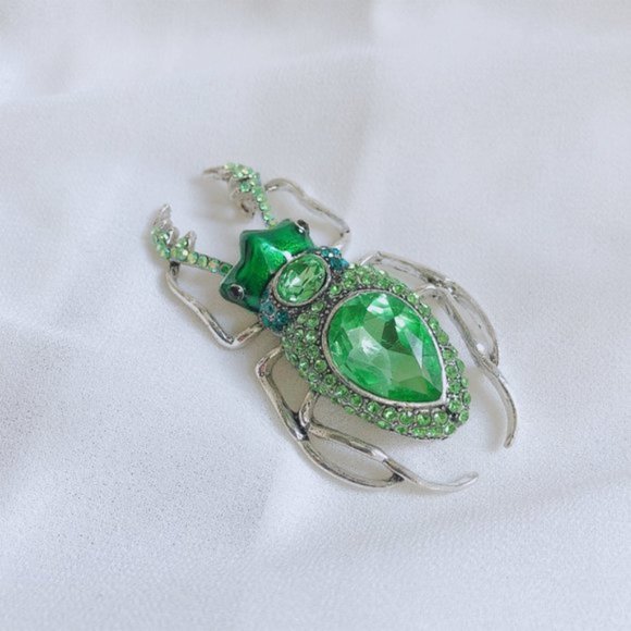 Macy's Jewelry Green Beetle Brooch Pin Ab Crystals Rhinestones